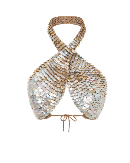 Hand Crochet Mother of Pearl Embellished Cross Top