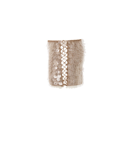 Hand Crochet Sequin Embellished Skirt In Mocha