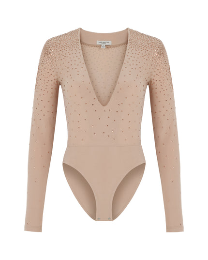 RHINESTONE EMBELLISHED BODYSUIT IN CLAY
