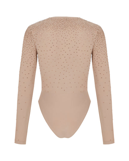 RHINESTONE EMBELLISHED BODYSUIT IN CLAY