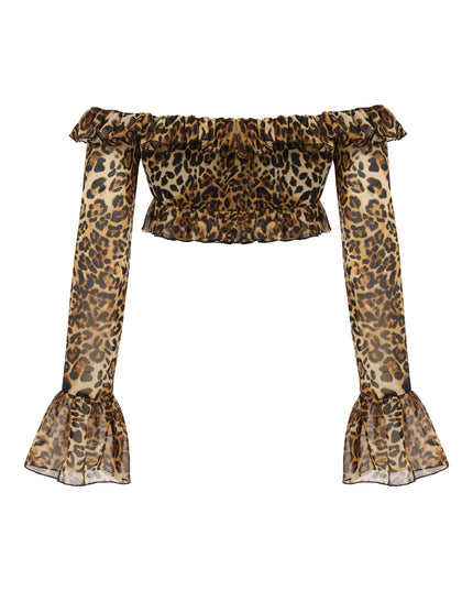 LEOPARD CHIFFON LACE UP CROP TOP