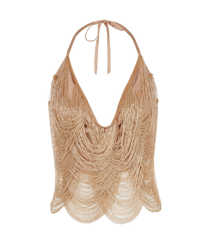 HAND BEADED TASSEL TOP IN CHAMPAGNE