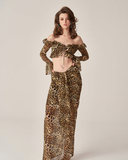 LEOPARD CHIFFON RUCHED MAXI SKIRT