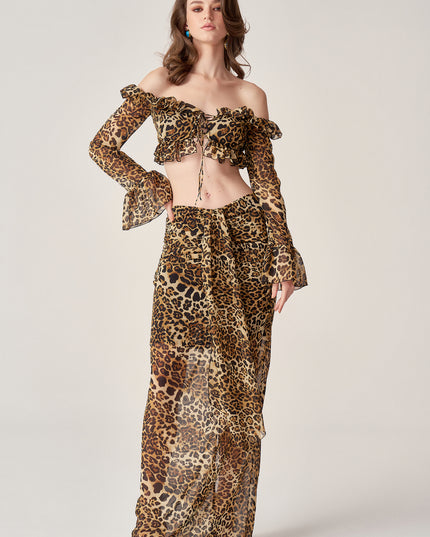 LEOPARD CHIFFON RUCHED MAXI SKIRT