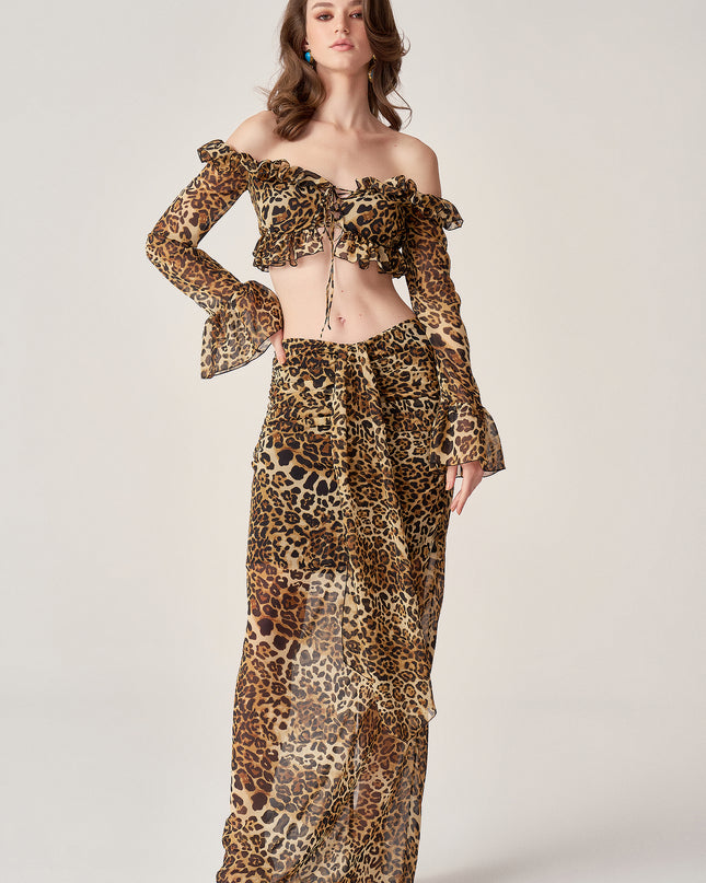 LEOPARD CHIFFON RUCHED MAXI SKIRT