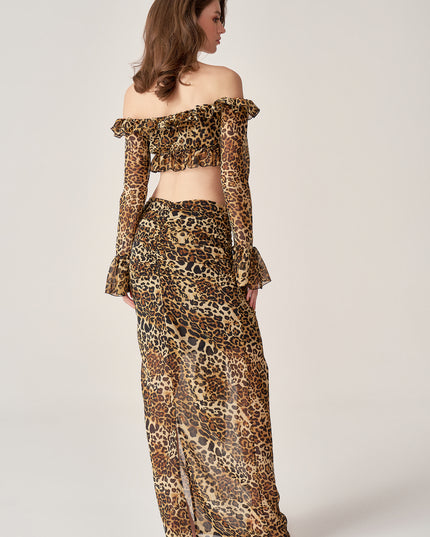 LEOPARD CHIFFON RUCHED MAXI SKIRT