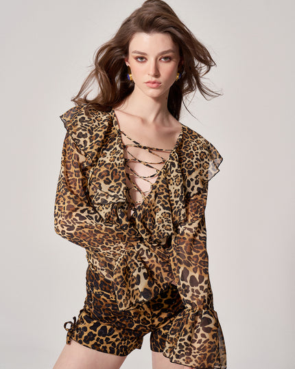 LEOPARD CHIFFON RUFFLED BLOUSE