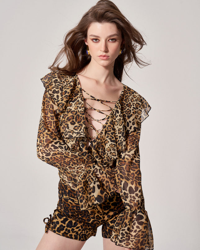 LEOPARD CHIFFON RUFFLED BLOUSE