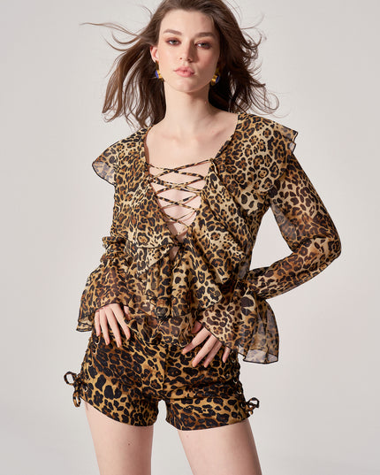 LEOPARD CHIFFON RUFFLED BLOUSE