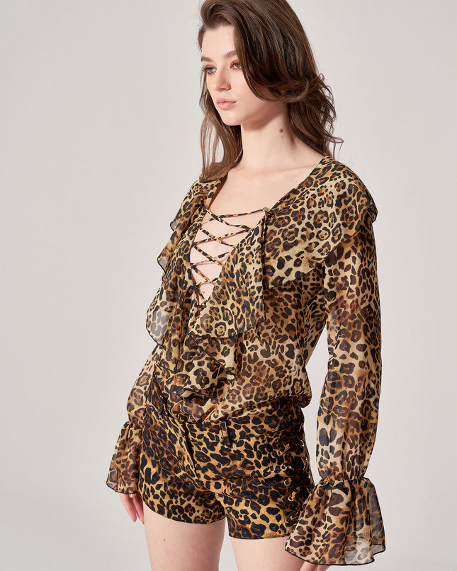 LEOPARD CHIFFON RUFFLED BLOUSE