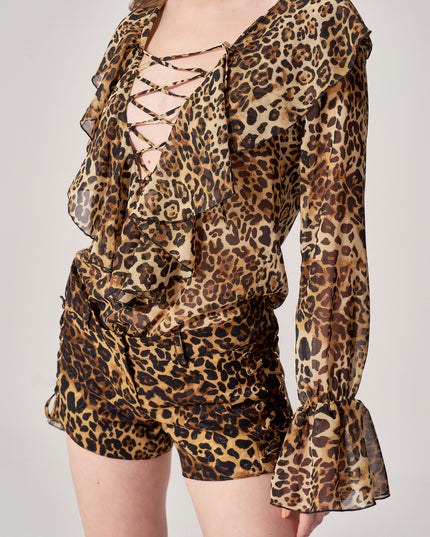 LEOPARD CHIFFON RUFFLED BLOUSE