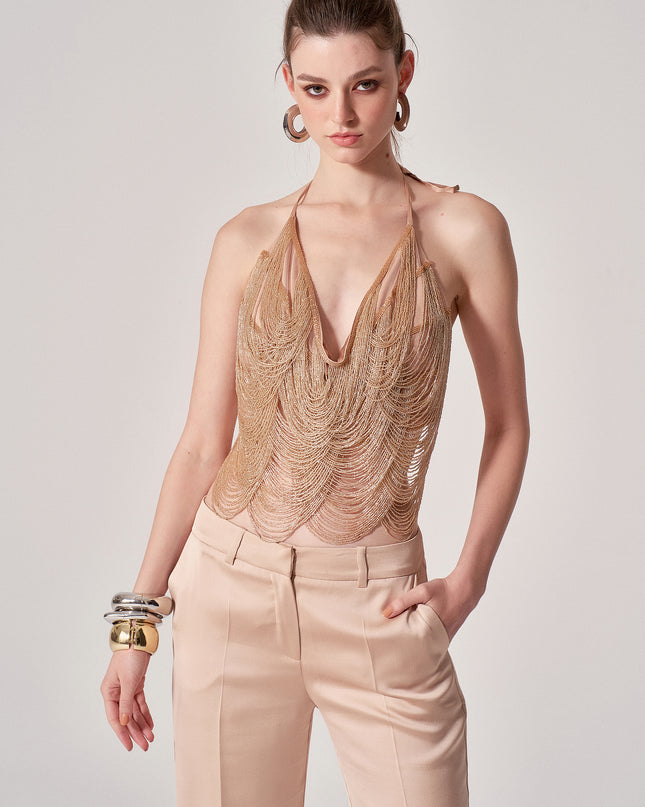 HAND BEADED TASSEL TOP IN CHAMPAGNE