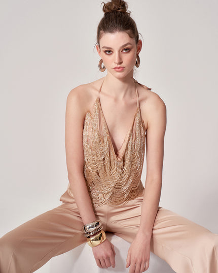 HAND BEADED TASSEL TOP IN CHAMPAGNE