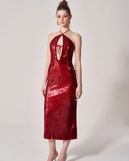 SEQUIN EMBELLISHED CUT-OUT MIDI DRESS
