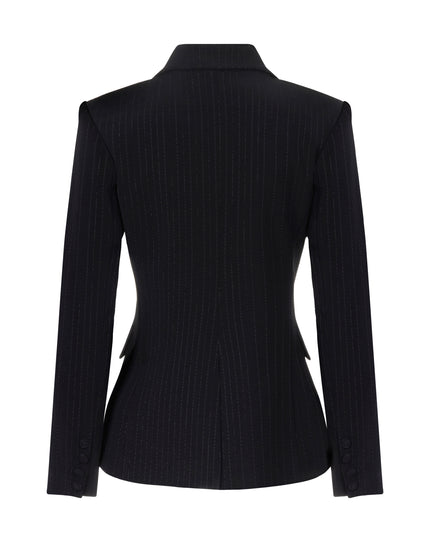 Black suit jacket with metallic pinstripes.