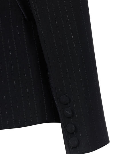 Black suit jacket with metallic pinstripes.