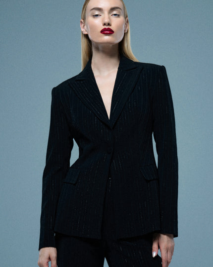 Black suit jacket with metallic pinstripes.