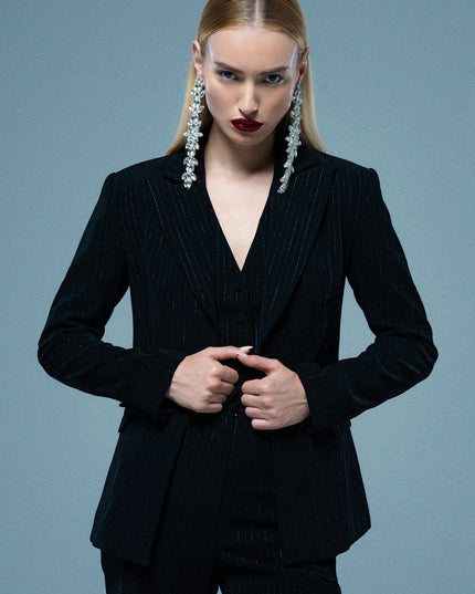 Black suit jacket with metallic pinstripes.