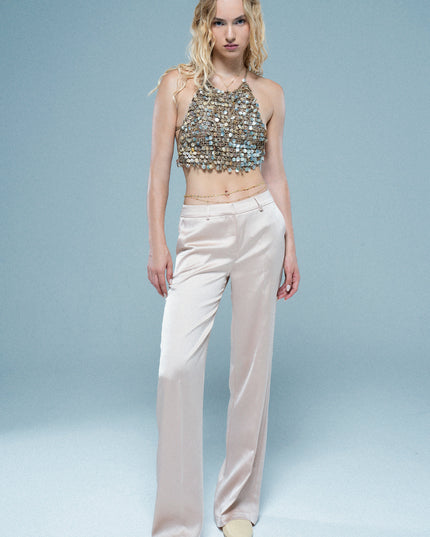 Low rise satin pants.