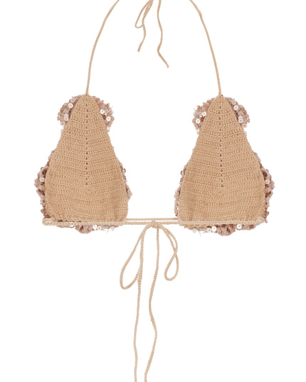 Hand knit flower bra in bronze sequin.