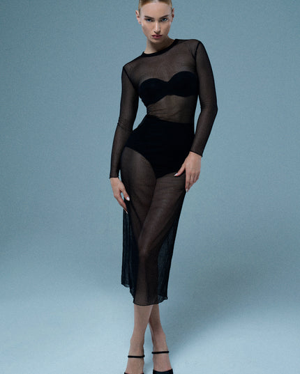 See through ribbed midi dress in tulle.