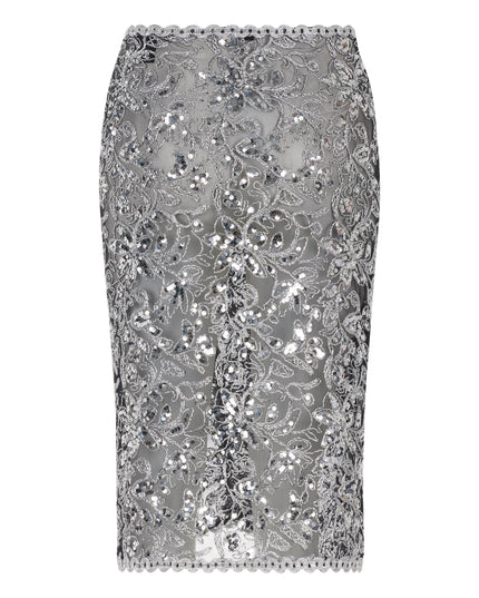 Silver embroidered midi skirt.