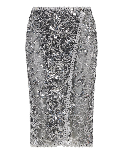 Silver embroidered midi skirt.