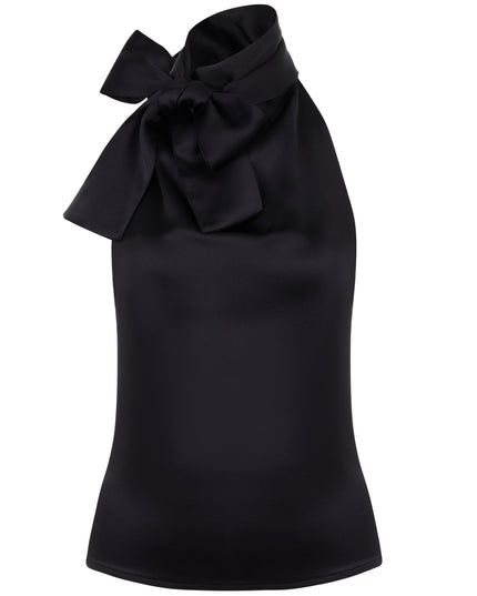 Sleeveless tie neck satin blouse.