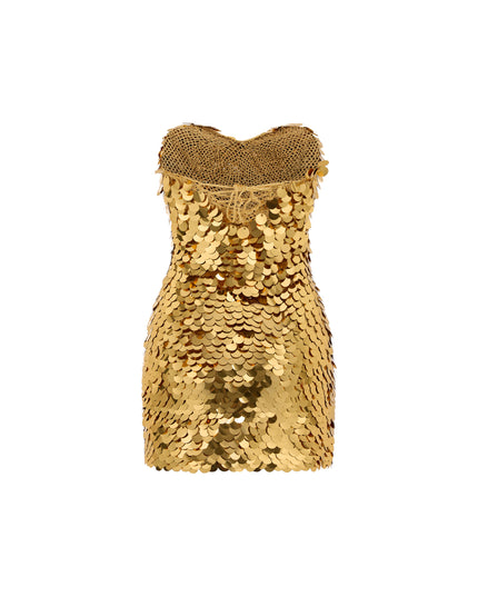 Hand Crochet Sequin Embellished Strapless Dress in Gold