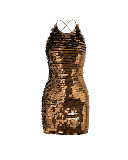 Hand Crochet Sequin Embellished Dress in Bronze