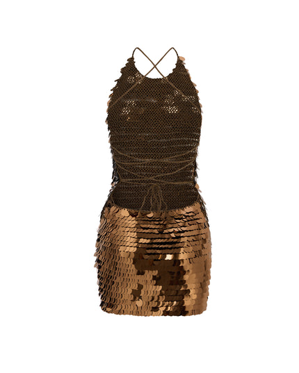 Hand Crochet Sequin Embellished Dress in Bronze