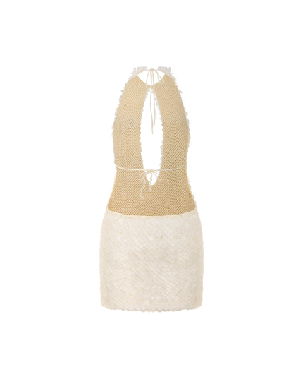 Hand Crochet Sequin Embellished Cut Out Detail Dress in Blanca