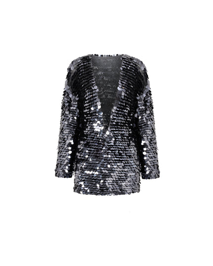Hand Crochet Sequin Embellished Deep V Neck Dress In Smoke Grey