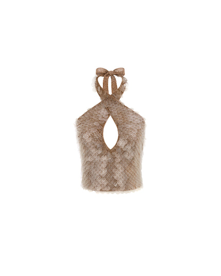 Hand Crochet Sequin Embellished Cut-Out Detail Top in Mocha