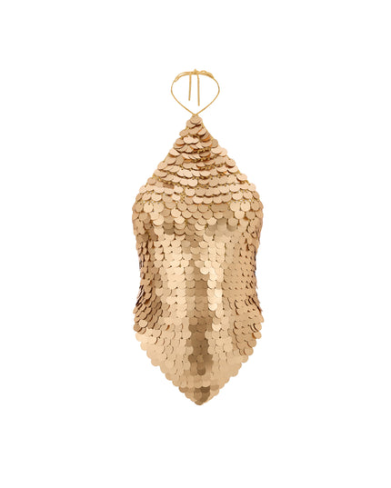 Hand Crochet Sequin Embellished Halter Top in Gold
