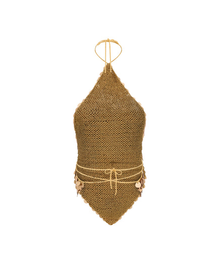 Hand Crochet Sequin Embellished Halter Top in Gold