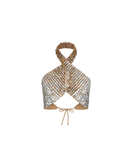 Hand Crochet Mother of Pearl Embellished Cross Top