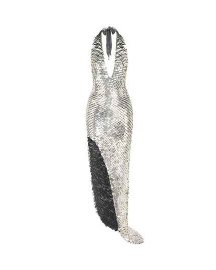 Hand Crochet Sequin Embellished Gown in Matte Silver