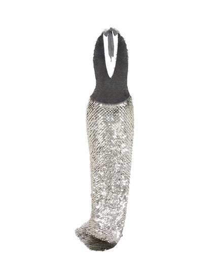 Hand Crochet Sequin Embellished Gown in Matte Silver
