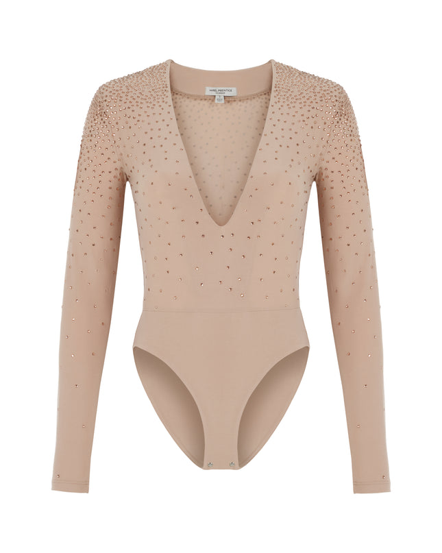 RHINESTONE EMBELLISHED BODYSUIT IN CLAY