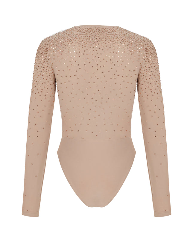 RHINESTONE EMBELLISHED BODYSUIT IN CLAY