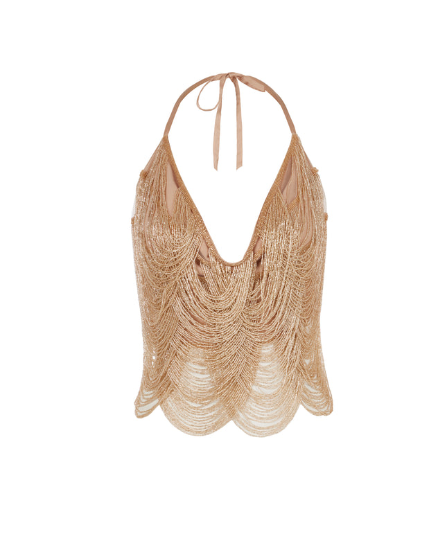 HAND BEADED TASSEL TOP IN CHAMPAGNE