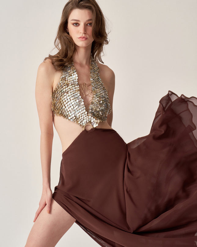 HAND-CROCHET MOTHER OF PEARL CHIFFON GOWN