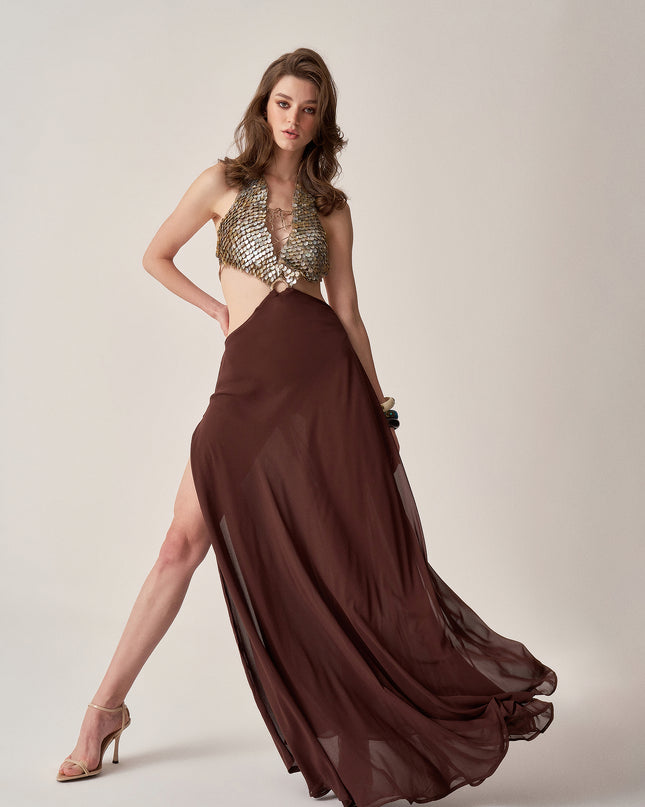 HAND-CROCHET MOTHER OF PEARL CHIFFON GOWN