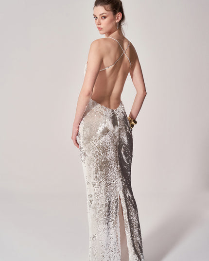 Silver Sparkling Open Back Gown