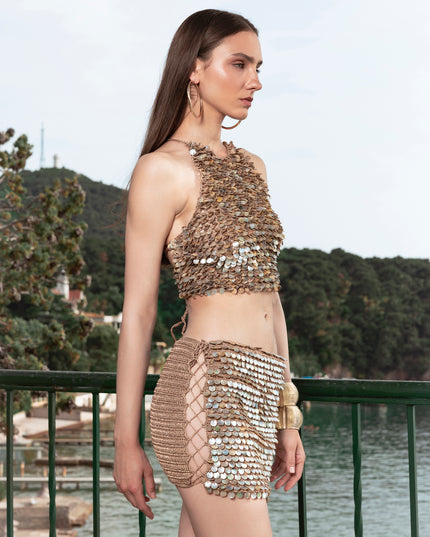 Hand Crochet Mother Of Pearl Embellished Mini Skirt
