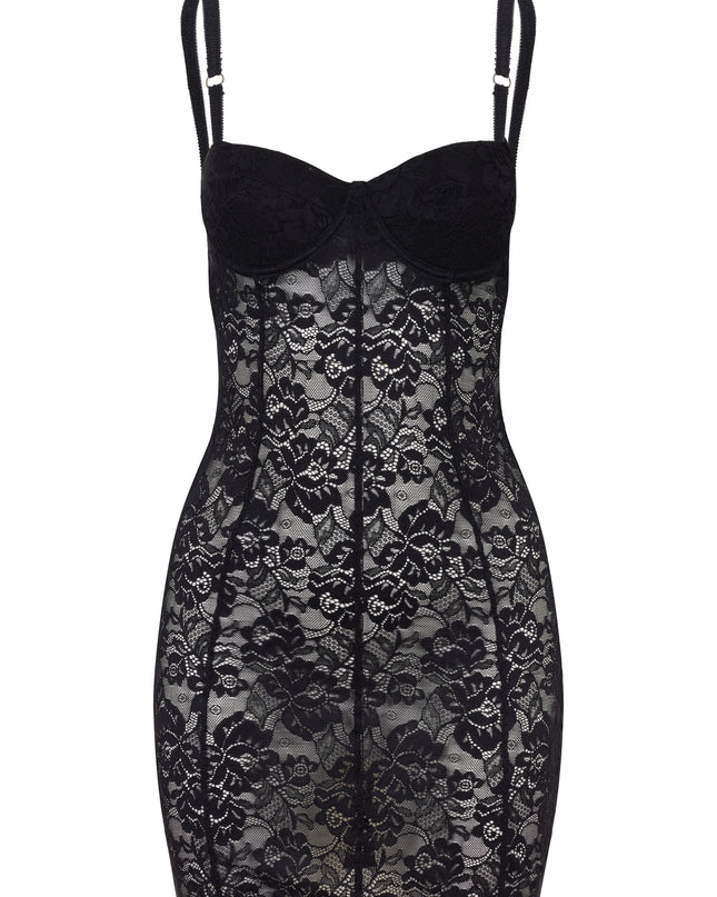 Black lace corset dress.
