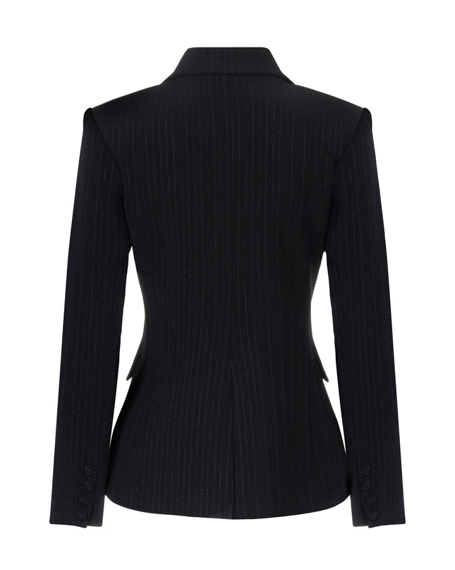 Black suit jacket with metallic pinstripes.