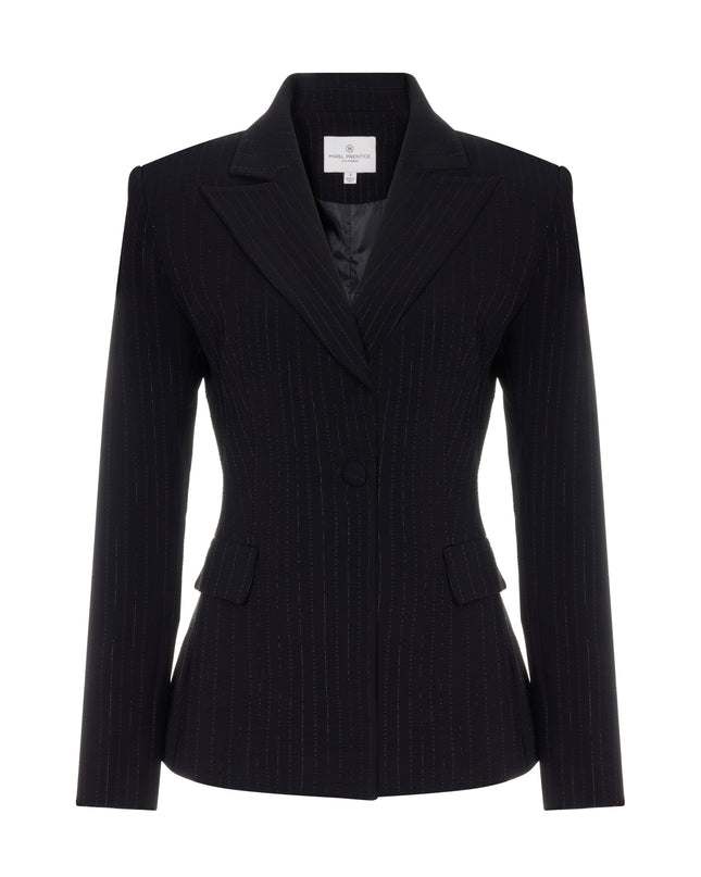 Black suit jacket with metallic pinstripes.