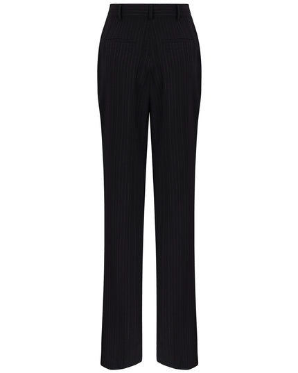 High waisted black pants with metallic pinstripes.